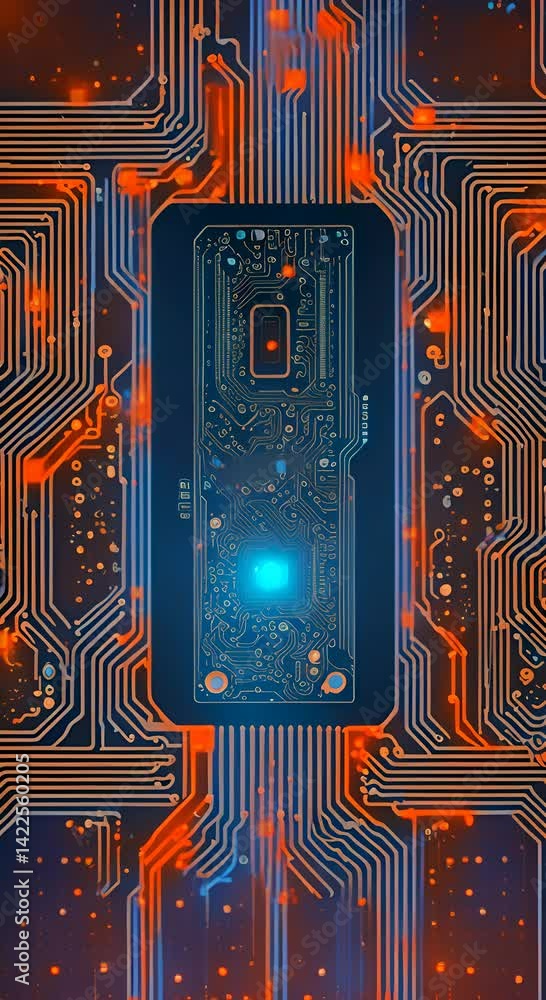 Poster a sleek modern laptop on a surface with a circuit board design with its screen displaying a vibrant 