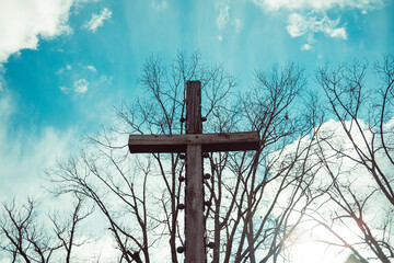 Wooden Cross Under Clear Blue Sky 