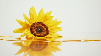 Sunflower oil, beautifully spilled, on a white backdrop.
