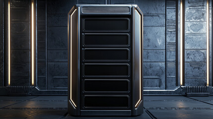 Futuristic server or data tower in a sci fi room with glowing lights, metallic panels, and a high tech industrial environment.
