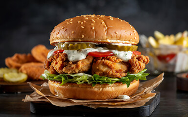 Fresh and Tasty Beef Burger with Cheese, Lettuce, and Tomato