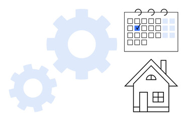 Gears symbolize processes, calendar with a checked date highlights scheduling, house indicates home or property context. Ideal for productivity, planning, automation, operations, strategy, workflow
