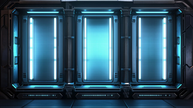 Futuristic sci fi chamber with glowing blue lights and metallic walls, resembling a high tech space station environment.