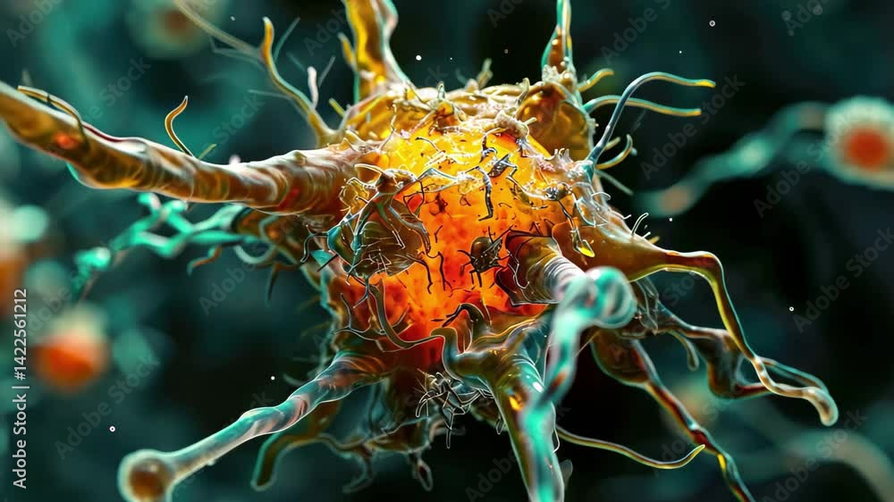 Poster Explore intricate detail of a neuron cell in vibrant colors and textures, showcasing its structure and connections in a mesmerizing 4K visual representation