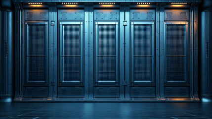 Futuristic industrial interior with metallic panels, mesh vents, and blue lighting, resembling a sci-fi server or data center room.