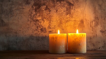 Two lit candles sit on a wooden table against a textured wall.
