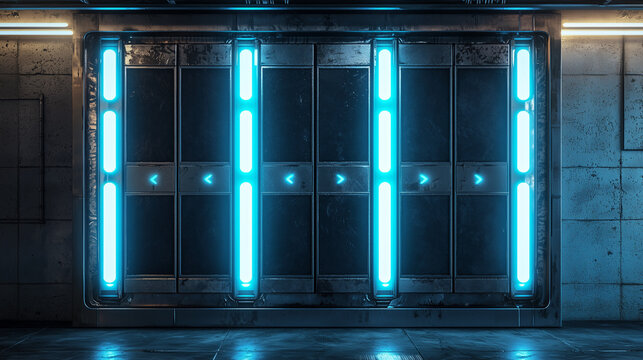 Futuristic sci fi door with glowing blue neon lights in a dark metallic corridor or spaceship interior