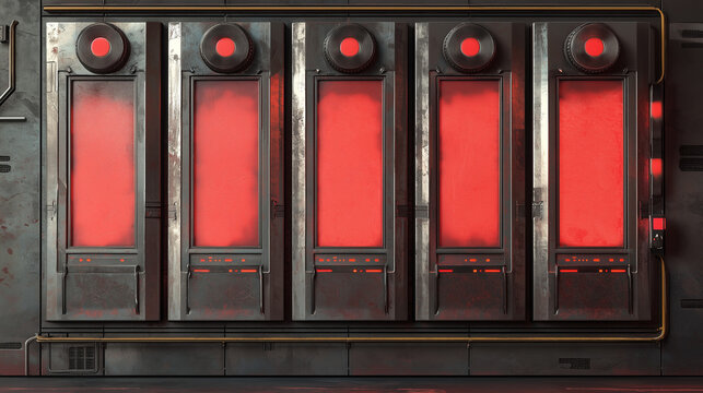 Futuristic sci-fi cryogenic chambers glowing red, featuring metallic textures and high-tech panel details