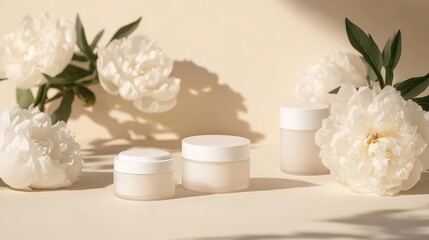 White skincare products in plain containers sit on a light beige background with white peony flowers.
