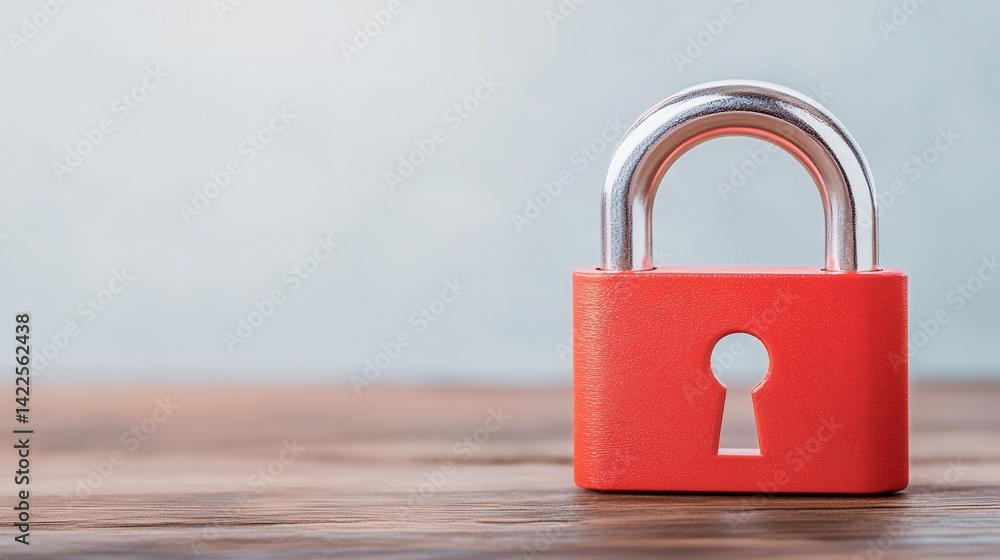 Poster bright red padlock on wooden table with blurred background signifying security and protection concep