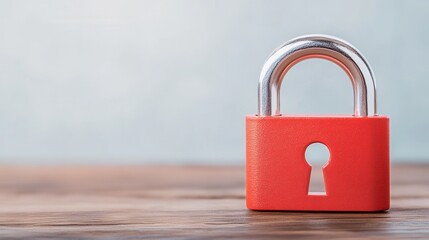 Bright Red Padlock on Wooden Table with Blurred Background Signifying Security and Protection Concepts