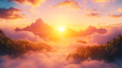 Golden sunrise over mountain peaks shrouded in clouds.