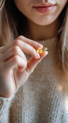 Woman holding a supplement capsule