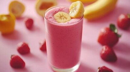 Pink smoothie with banana and strawberries