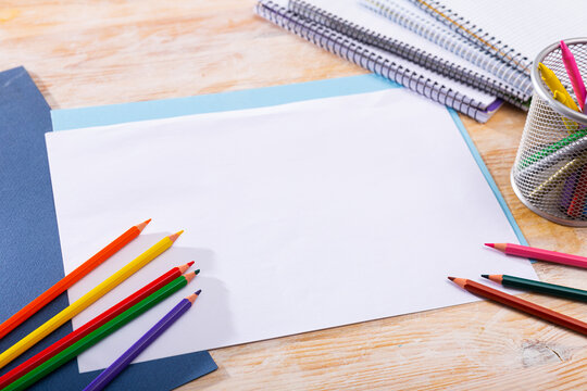 School supplies on the table. Space for text