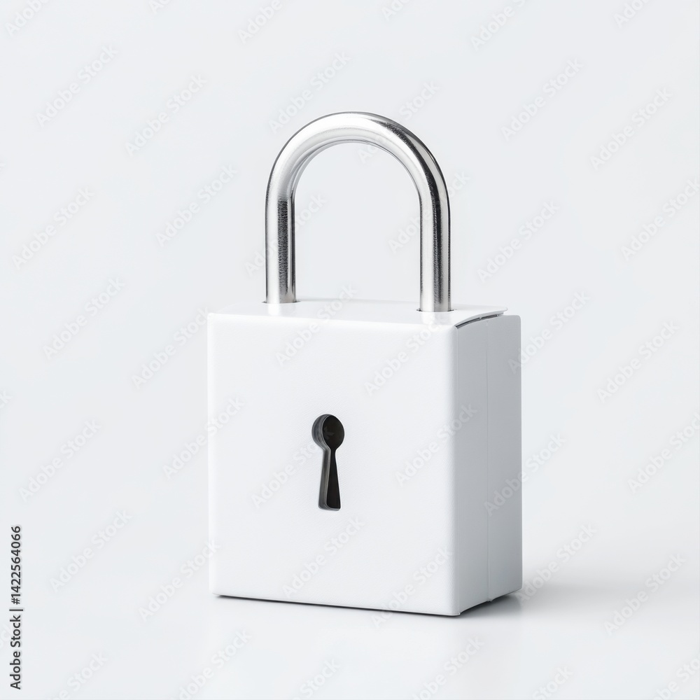 Poster minimalist white padlock with shiny silver shackle on a light background representing security and p