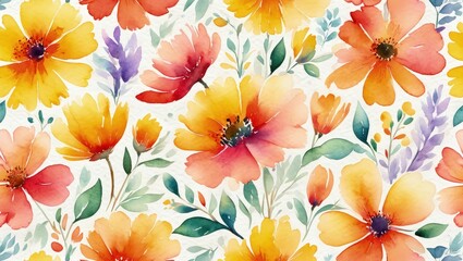 Seamless pattern of autumn wildflowers painted in watercolor. Hand-painted watercolor floral wallpaper.