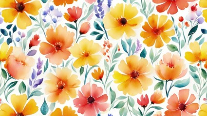 Seamless pattern of autumn wildflowers painted in watercolor. Hand-painted watercolor floral wallpaper.
