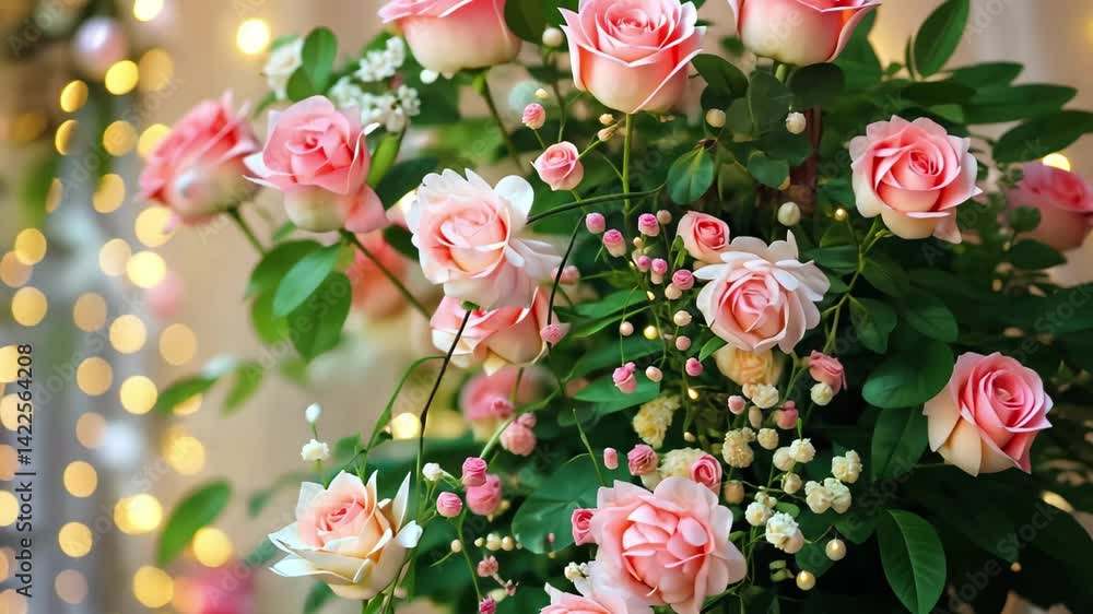 Poster beautiful pink roses and floral arrangements enhance festive ambiance with soft bokeh lights at an i