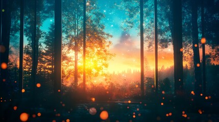 Mystical forest sunrise bathed in ethereal light.