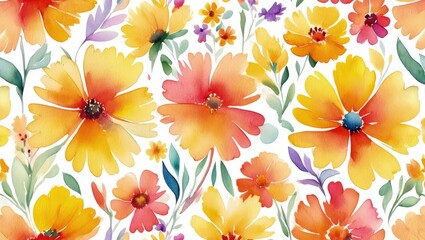 Seamless pattern of autumn wildflowers painted in watercolor. Hand-painted watercolor floral wallpaper.