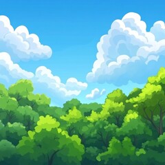 Cartoon background for game and animation Green forest with blue sky and clouds Landscape  