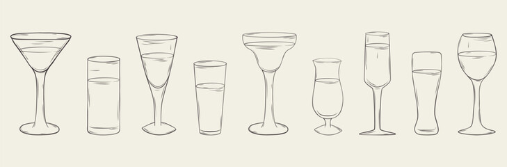 A set of hand-drawn summer cocktails and drinks. Monochrome blue ink illustration. Vector.