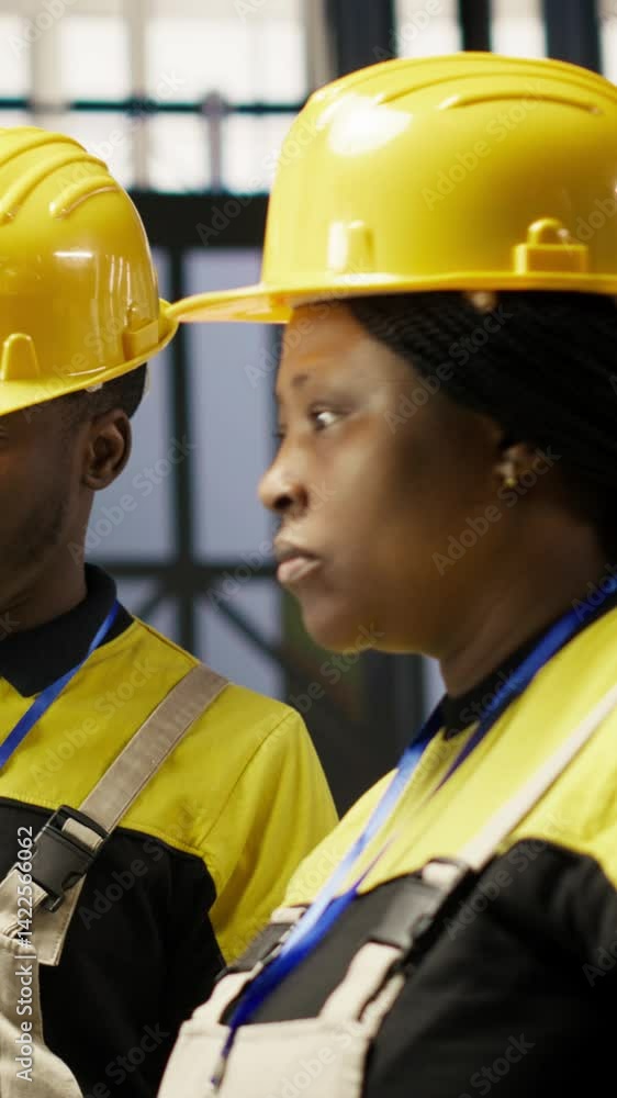 Poster vertical video smart factory manager overseeing work done by engineer calibrating high tech machiner