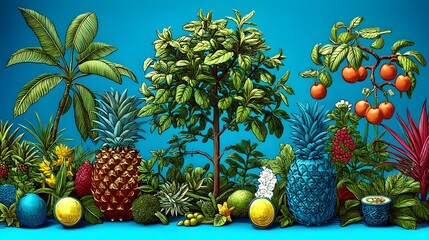 Vibrant tropical fruit and foliage border design.