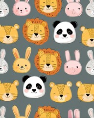 Cute animal cartoon seamless pattern. Repetitive pattern with bunny, bear, panda and lion cartoon faces on dark gray background.
