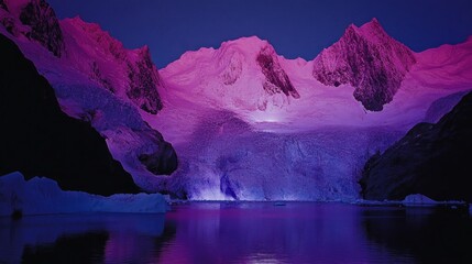 A vibrant, luminous depiction of a glacier-filled mountain valley at twilight.