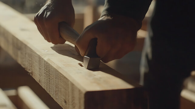 Carpenter Using Chisel on Wood