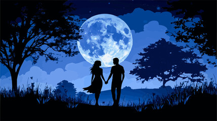 Romantic couple silhouette holding hands walking in a field under big full moon in beautiful blue night landscape