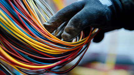 Hand in Glove Holding Multicolored Electrical Wires