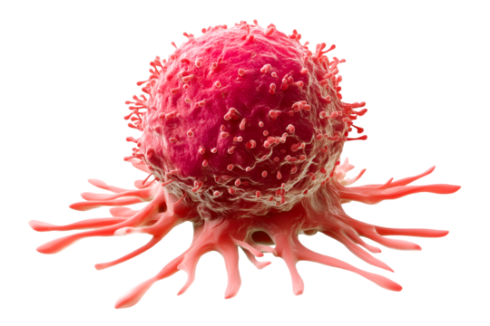 A menacing cancer cell alarming red hue ominous tentacles disease research