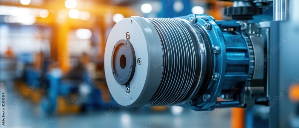 Poster close-up of precision engine component in modern factory environment with industrial equipment backg