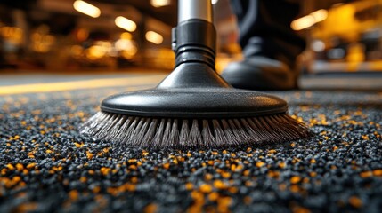 Close-up of a broom cleaning a textured floor in a well-lit indoor retail environment