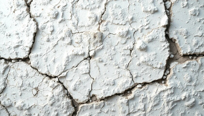Extremely rough grungy texture of white plastered stone wall, half destroyed, chipped and cracked
