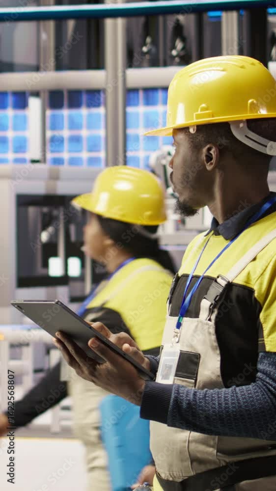Poster vertical video smart factory specialist testing automated systems, monitoring operational integrity.