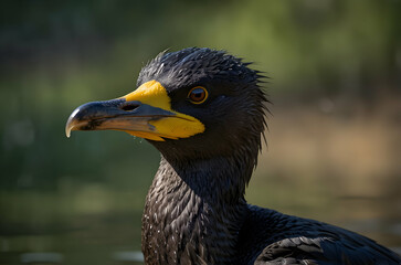 Close-up of Cormorant with Sharp Beak and Sleek Feathers
