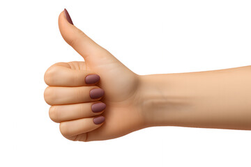 Attractive girl's hand showing thumb up ad cool solution yes isolated on a transparent background. Female hand with beautiful manicure. Positive approval and success concept for design and print - PNG