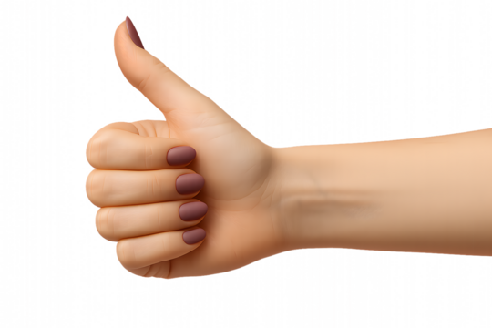 Attractive girl's hand showing thumb up ad cool solution yes isolated on a transparent background. Female hand with beautiful manicure. Positive approval and success concept for design and print - PNG