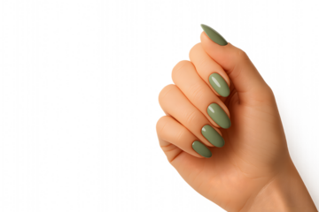 Beautiful woman's hand with french manicure. Oval-shaped extended nails with a glossy finish and "cat eye" effect look luxurious. The nude shade adds naturalness and softness.