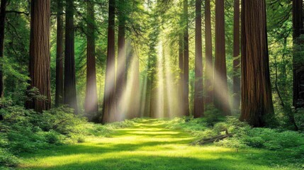 Fototapeta premium Sunlit Path Through Lush Green Forest