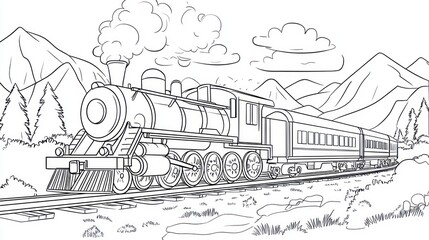 Vintage train on mountain tracks. Coloring book image. Use Educational coloring page