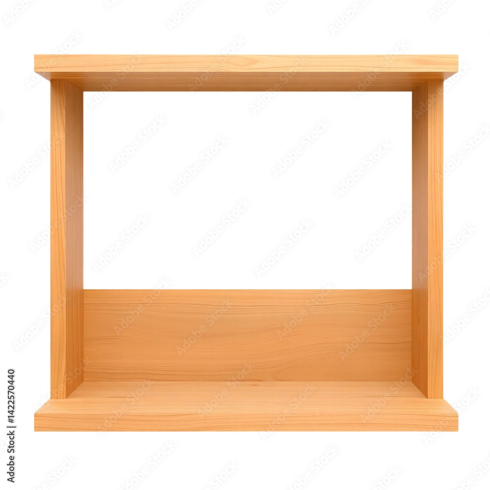Poster wooden shelf display: a minimalist wooden shelf with a light color scheme, perfect for displaying it