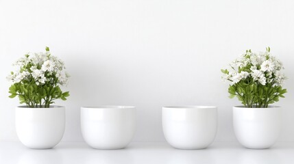 White flower pots and plants arranged symmetrically against a minimalist white wall.