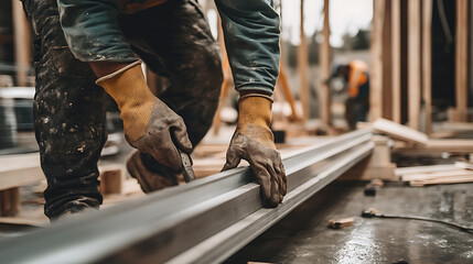 Construction Worker Handling Metal Beam