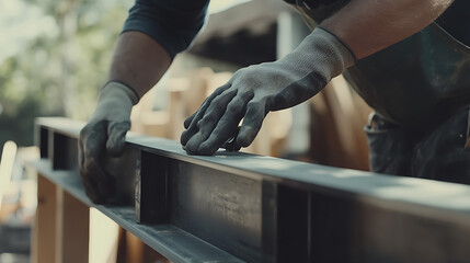 Construction Worker Handling Steel Beams