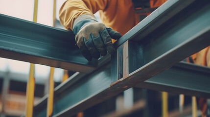 Construction Worker Handling Steel Beams